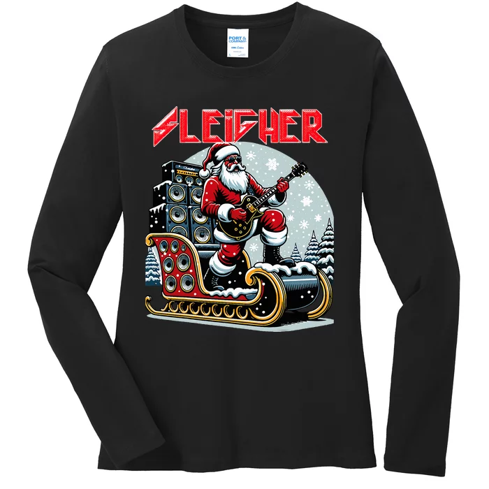 Sleigher Hail Santa Heavy Metal Christmas Rock Xmas Art Ladies Long Sleeve Shirt