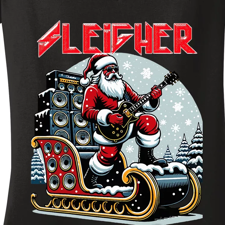 Sleigher Hail Santa Heavy Metal Christmas Rock Xmas Art Women's V-Neck T-Shirt