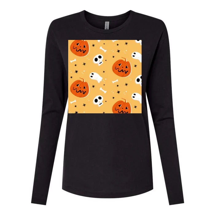 Spooky Halloween Skull Ghost Cartoon Womens Cotton Relaxed Long Sleeve T-Shirt