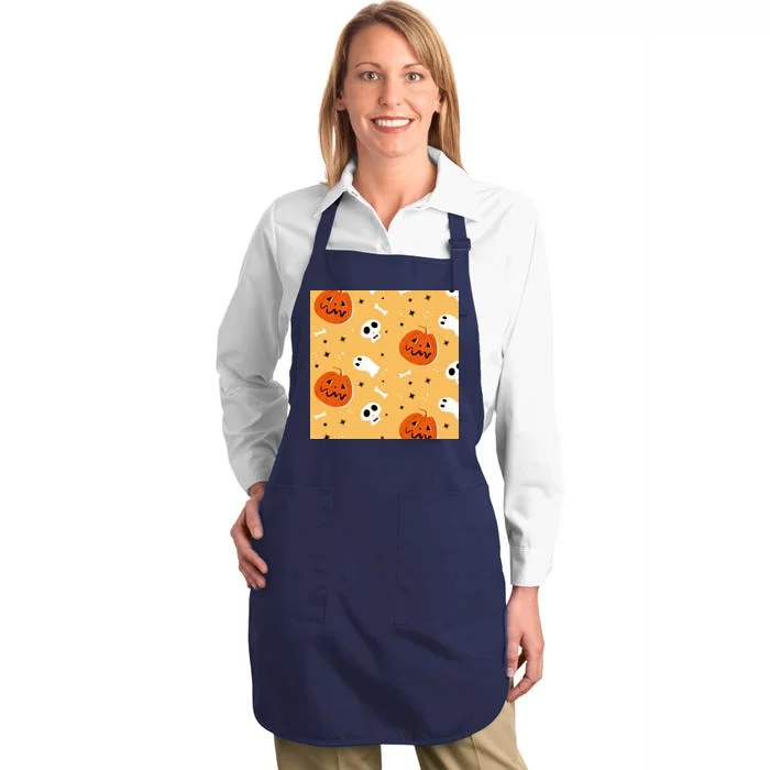 Spooky Halloween Skull Ghost Cartoon Full-Length Apron With Pocket