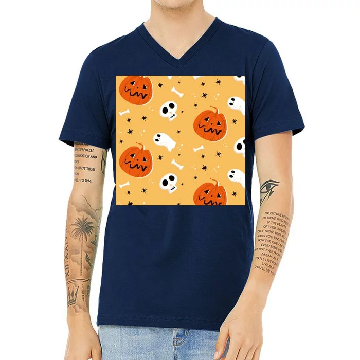 Spooky Halloween Skull Ghost Cartoon V-Neck T-Shirt