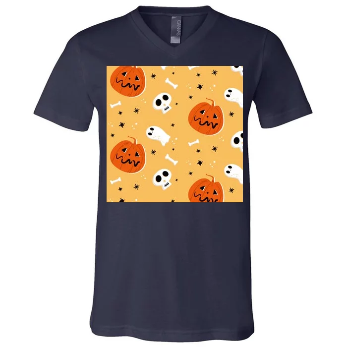 Spooky Halloween Skull Ghost Cartoon V-Neck T-Shirt