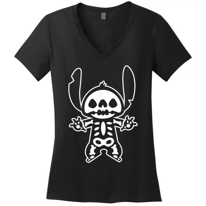 Stitch Halloween Skeleton Women's V-Neck T-Shirt