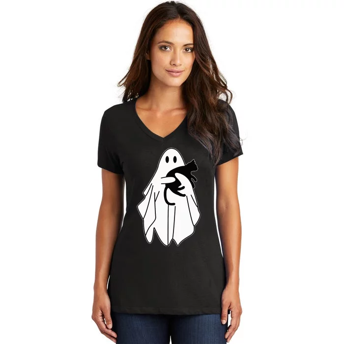 Spooky Halloween Spirit with a Playful Black Cat Women's V-Neck T-Shirt