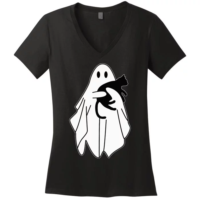 Spooky Halloween Spirit with a Playful Black Cat Women's V-Neck T-Shirt