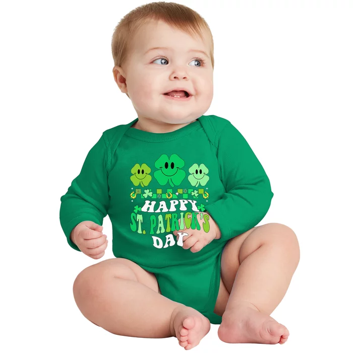 Shamrock Happy St Patricks Day Irish Retro Groovy Baby Long Sleeve Bodysuit