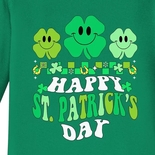 Shamrock Happy St Patricks Day Irish Retro Groovy Baby Long Sleeve Bodysuit