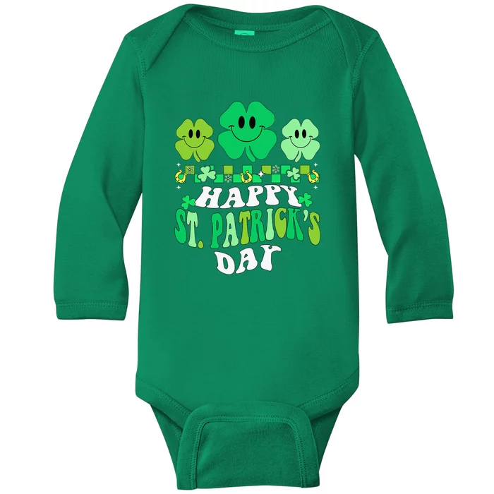 Shamrock Happy St Patricks Day Irish Retro Groovy Baby Long Sleeve Bodysuit