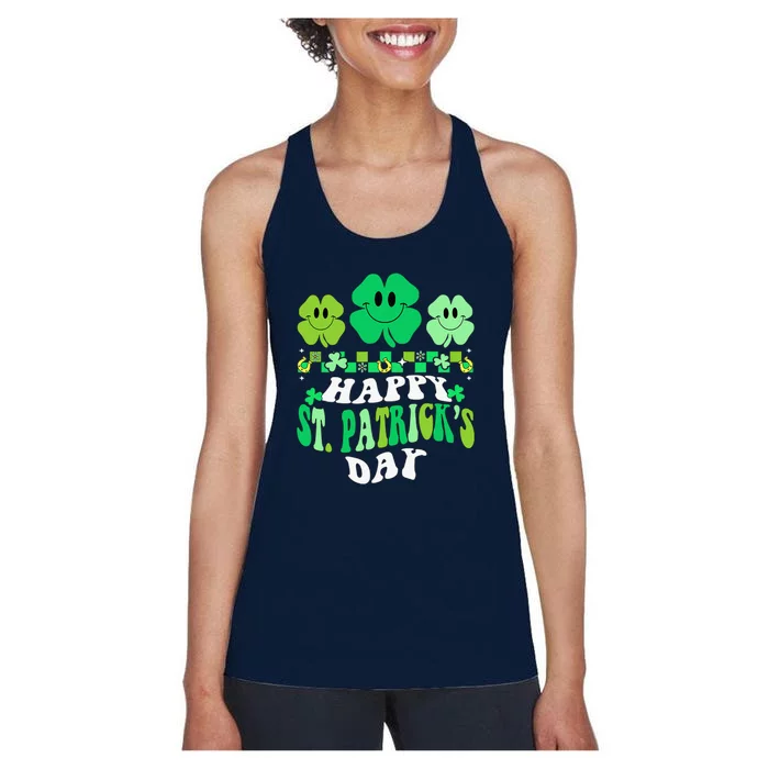 Shamrock Happy St Patricks Day Irish Retro Groovy Women's Racerback Tank