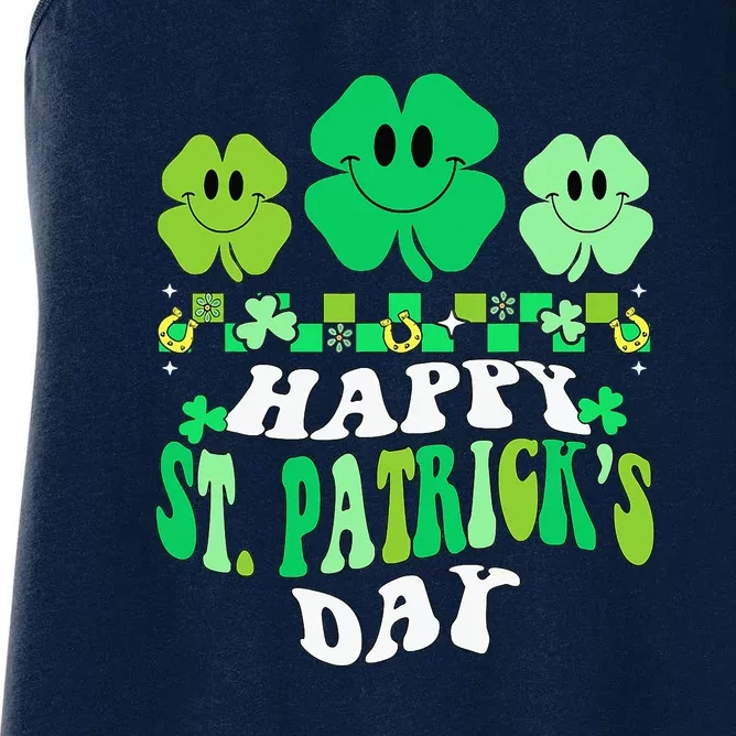 Shamrock Happy St Patricks Day Irish Retro Groovy Women's Racerback Tank