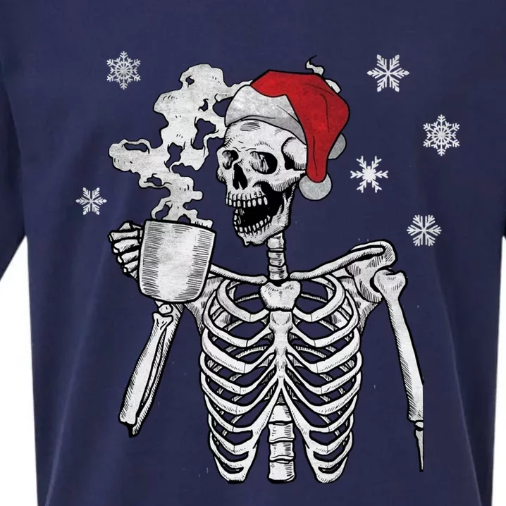 Santa Hat Skeleton Smiling Skull Ing Coffee Christmas Gift Sueded Cloud Jersey T-Shirt