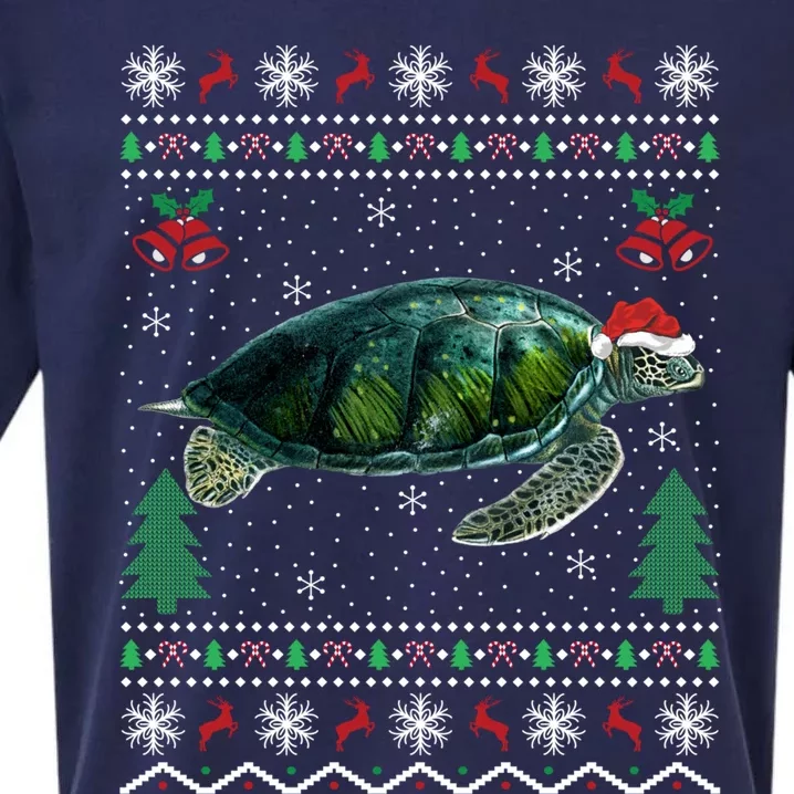 Santa Hat Sea Turtles Lover Xmas Gift Ugly Turtle Christmas Gift Sueded Cloud Jersey T-Shirt