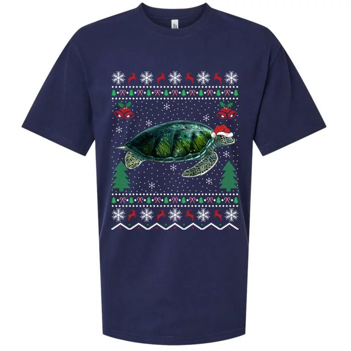 Santa Hat Sea Turtles Lover Xmas Gift Ugly Turtle Christmas Gift Sueded Cloud Jersey T-Shirt