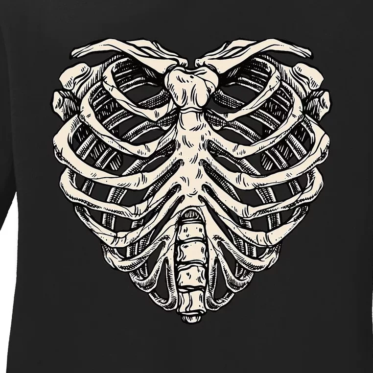 Skeleton Heart Shaped Rib Cage Xray Halloween Ladies Long Sleeve Shirt