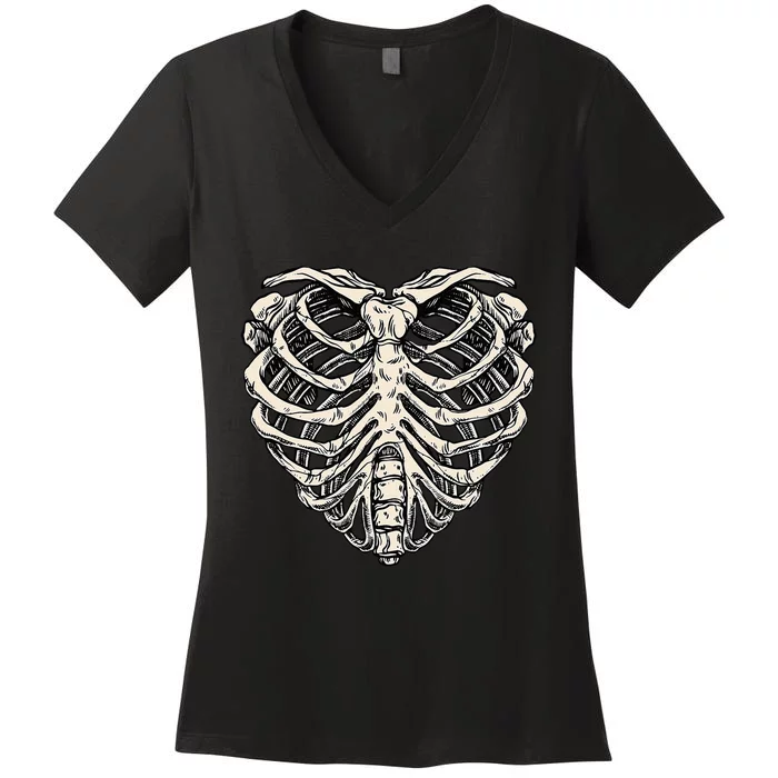 Skeleton Heart Shaped Rib Cage Xray Halloween Women's V-Neck T-Shirt