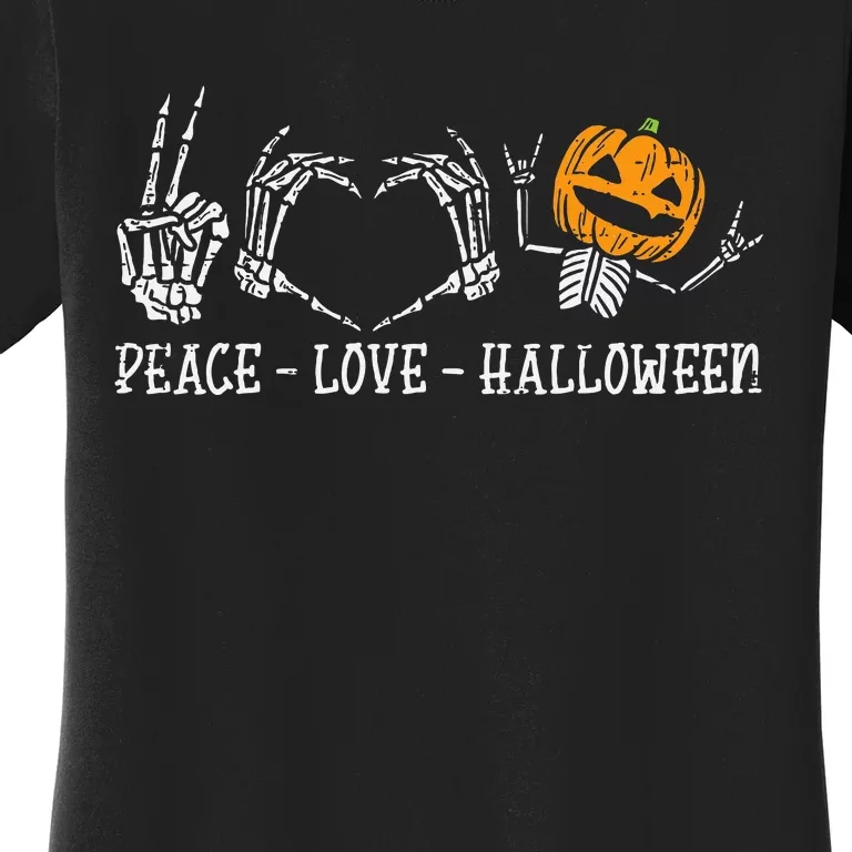 Spooky Halloween Skeleton Peace and Pumpkin Design Women's T-Shirt