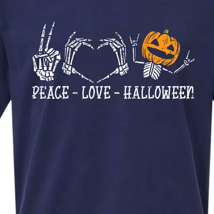 Spooky Halloween Skeleton Peace and Pumpkin Design Sueded Cloud Jersey T-Shirt