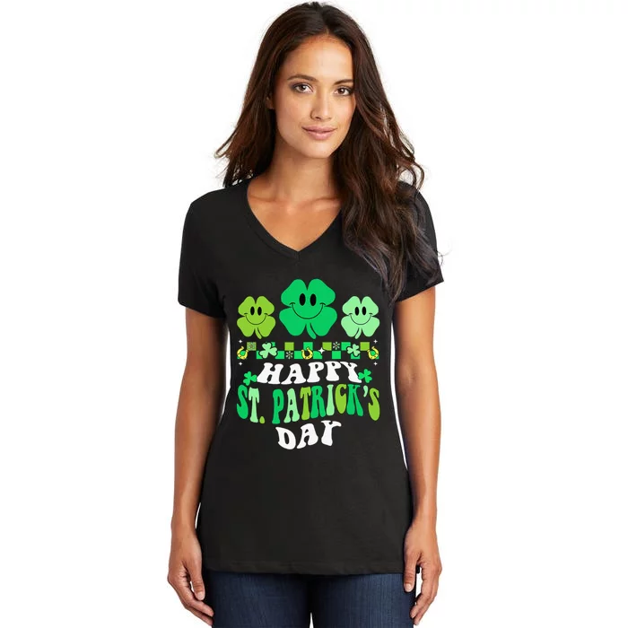 Shamrock Happy St Patricks Day Irish Retro Groovy Women's V-Neck T-Shirt