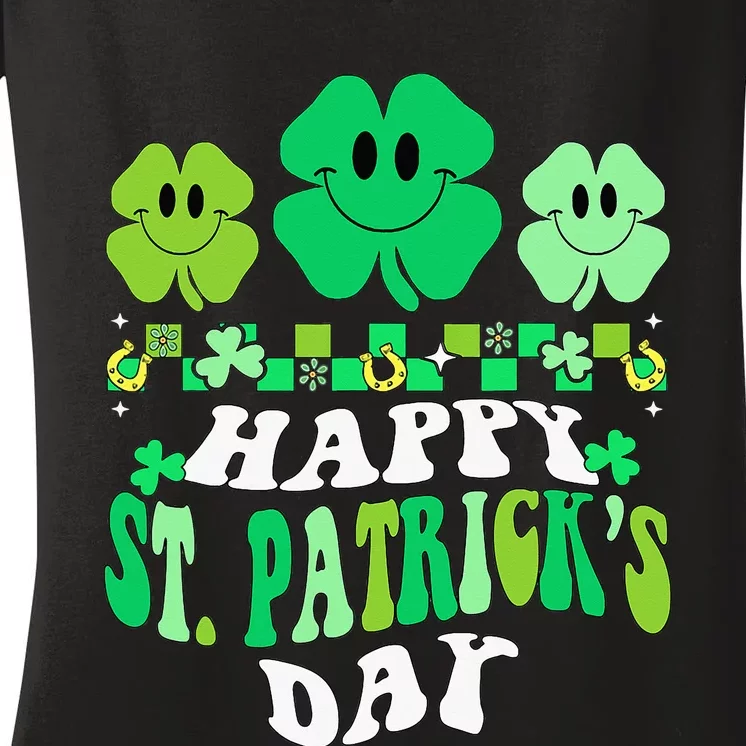 Shamrock Happy St Patricks Day Irish Retro Groovy Women's V-Neck T-Shirt