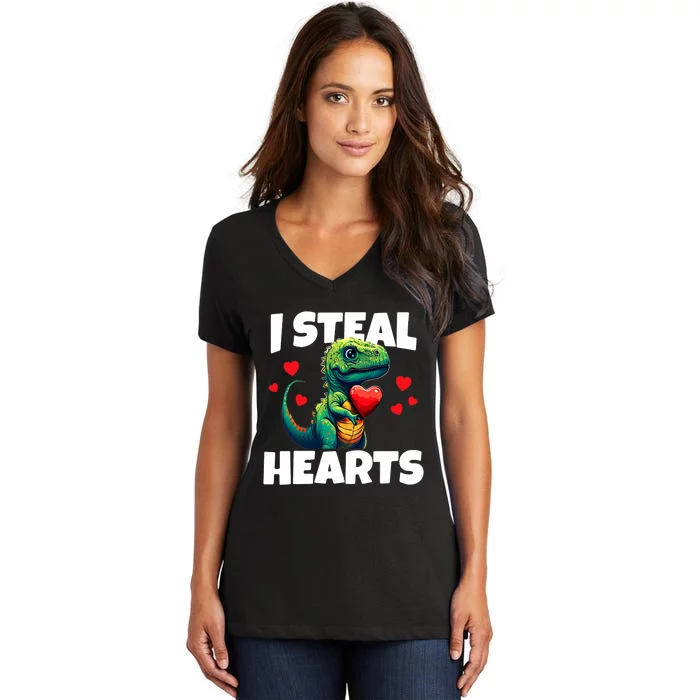 Steal Hearts Trex Dino Baby Boy Valentines Day Women's V-Neck T-Shirt