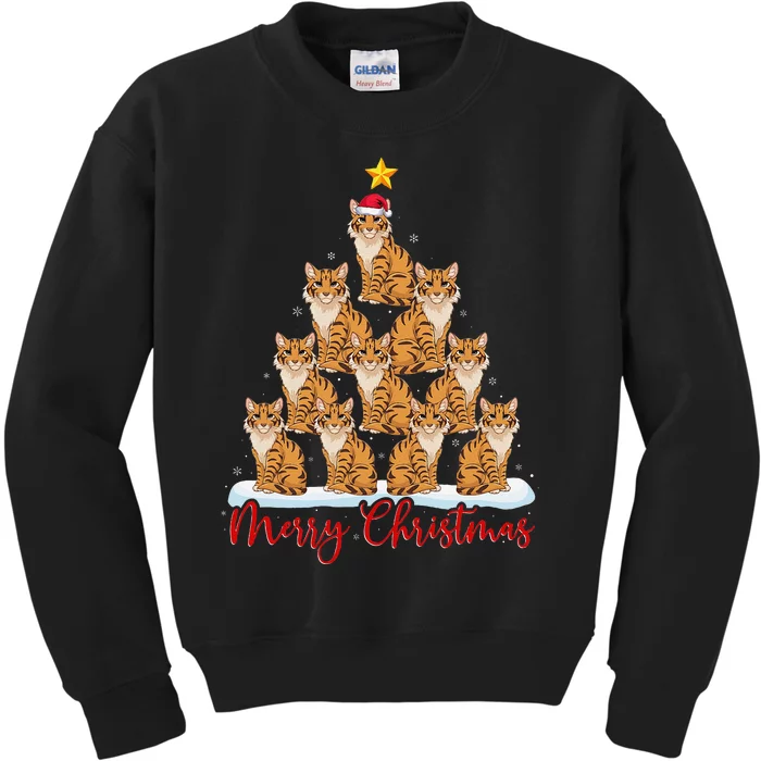 Santa Hat Ugly Xmas Funny Savannah Cat Christmas Tree Kids Sweatshirt