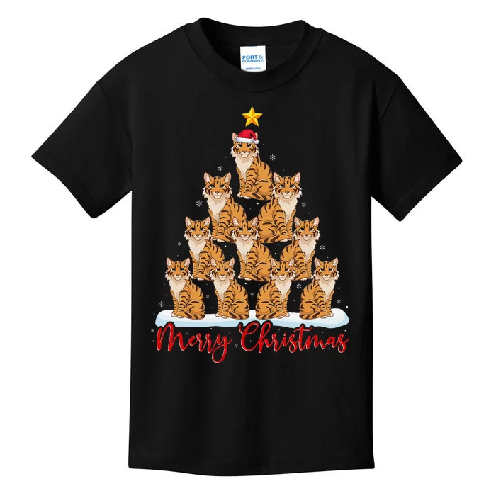 Santa Hat Ugly Xmas Funny Savannah Cat Christmas Tree Kids T-Shirt