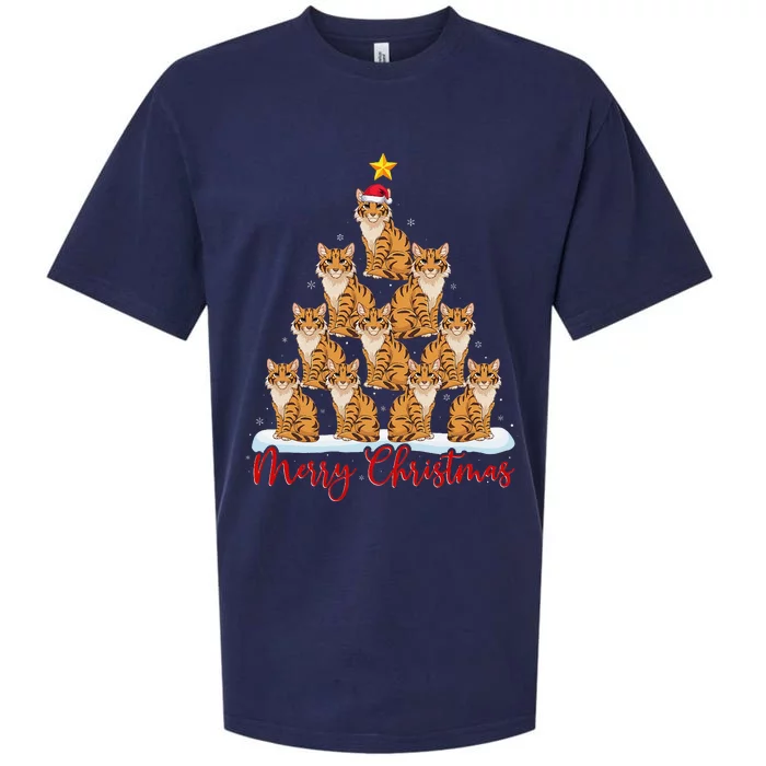 Santa Hat Ugly Xmas Funny Savannah Cat Christmas Tree Sueded Cloud Jersey T-Shirt