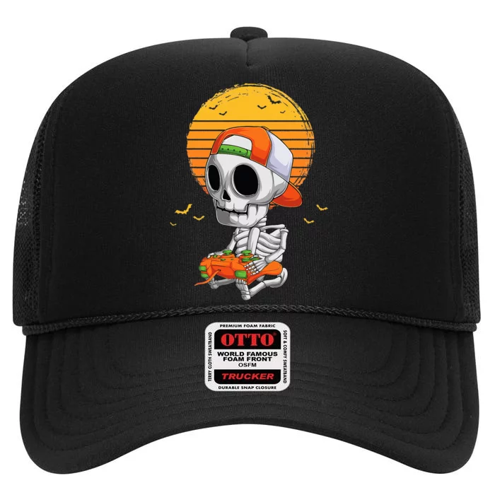 Skeleton Halloween Video Gamer High Crown Mesh Trucker Hat