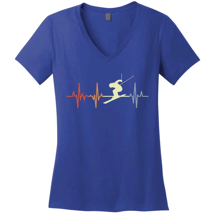 Skier Heartbeat Vintage Skiing Lover Extreme Sports Gift Women's V-Neck T-Shirt