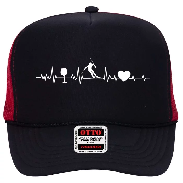 Skiing Heartbeat Wine Red Wine Skier Skiing Heartbeat Gift High Crown Mesh Trucker Hat