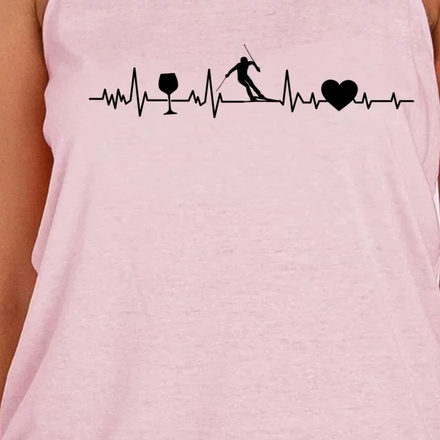 Skiing Heartbeat Wine Red Wine Skier Skiing Heartbeat Funny Gift Women's Knotted Racerback Tank