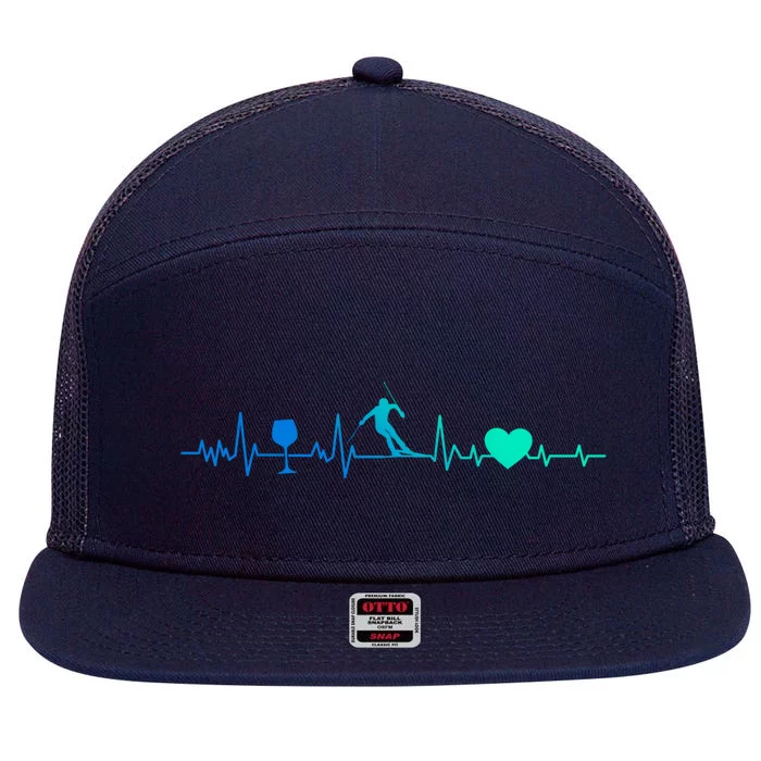 Skiing Heartbeat Wine Red Wine Skier Skiing Heartbeat Gift 7 Panel Mesh Trucker Snapback Hat