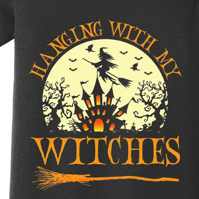 Spooky Halloween Witch Design with Broom and Bat Baby Bodysuit