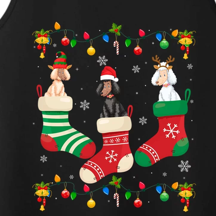 Santa Hat Xmas Light Three Poodle Dog In Christmas Socks Funny Gift Performance Tank