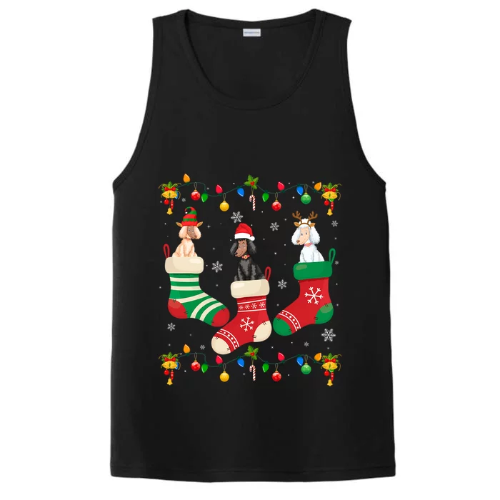 Santa Hat Xmas Light Three Poodle Dog In Christmas Socks Funny Gift Performance Tank