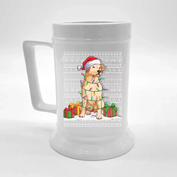 Santa Hat Xmas Yellow Labrador Retriever Ugly Christmas Gift Front & Back Beer Stein