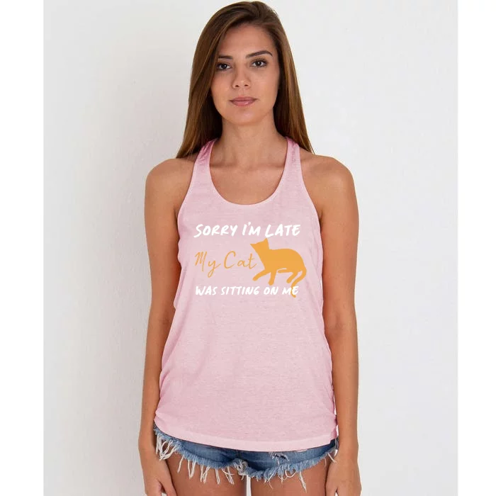 Sorry I Am Late My Cat Was Sitting On Me Gift Women's Knotted Racerback Tank