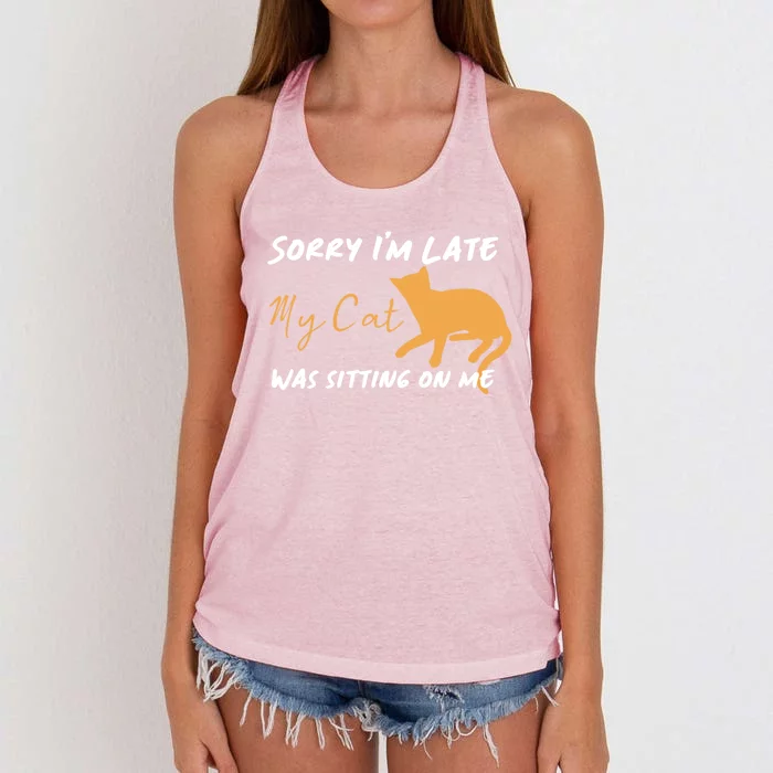 Sorry I Am Late My Cat Was Sitting On Me Gift Women's Knotted Racerback Tank