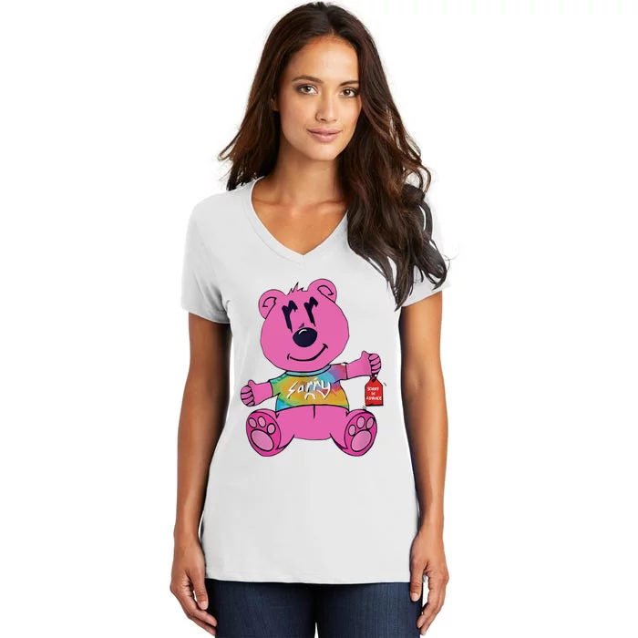 Sorry In Advance Pink Bear Holding Price Ticket Design Women's V-Neck T-Shirt