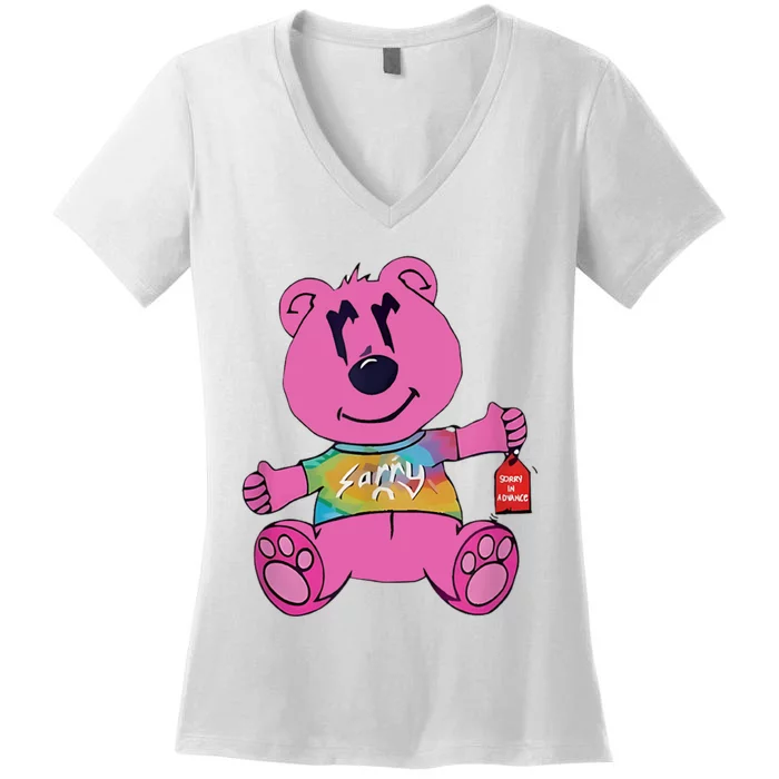 Sorry In Advance Pink Bear Holding Price Ticket Design Women's V-Neck T-Shirt