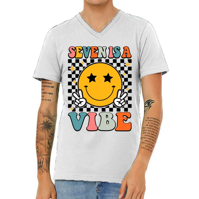 Seven Is A Vibe 7th Birthday Groovy Boy Girl 7 Years Old V-Neck T-Shirt