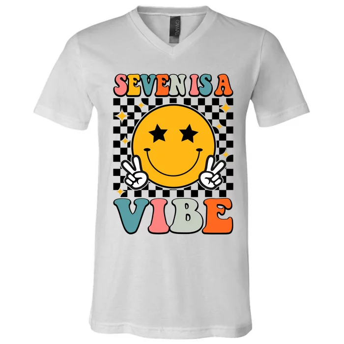 Seven Is A Vibe 7th Birthday Groovy Boy Girl 7 Years Old V-Neck T-Shirt