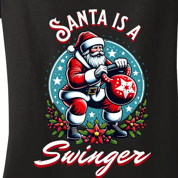 Santa Is A Swinger Christmas Kettlebell Gym Women's V-Neck T-Shirt