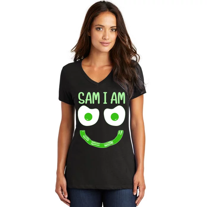 Sam I Am Green Eggs Ham Smile Face Breakfast Lunch Happy Funny Women's V-Neck T-Shirt