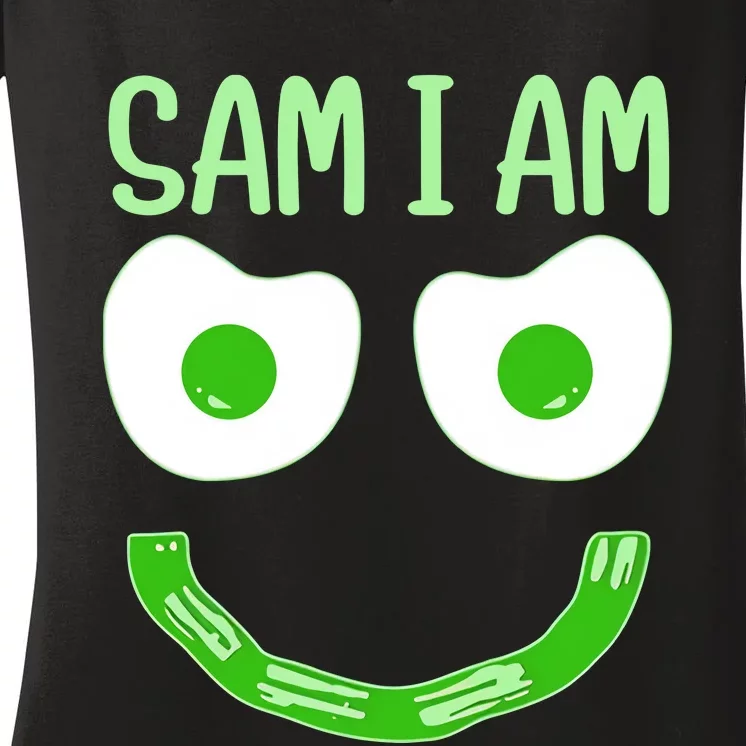 Sam I Am Green Eggs Ham Smile Face Breakfast Lunch Happy Funny Women's V-Neck T-Shirt