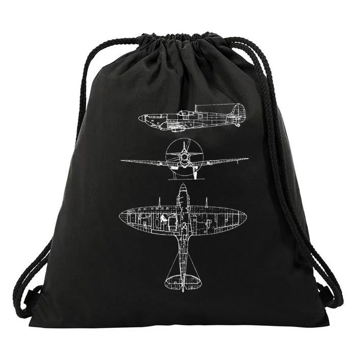 Spitfire Iconic British Airplane Blueprint Design Drawstring Bag