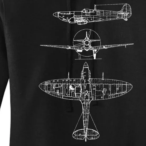 Spitfire Iconic British Airplane Blueprint Design Women's Pullover Hoodie