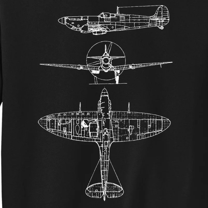 Spitfire Iconic British Airplane Blueprint Design Tall Sweatshirt