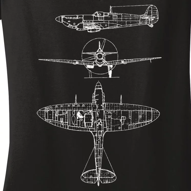 Spitfire Iconic British Airplane Blueprint Design Women's V-Neck T-Shirt