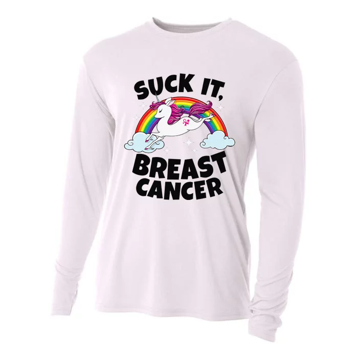 Suck It Breast Cancer Quote with Unicorn and Pink Ribbon Cooling Performance Long Sleeve Crew